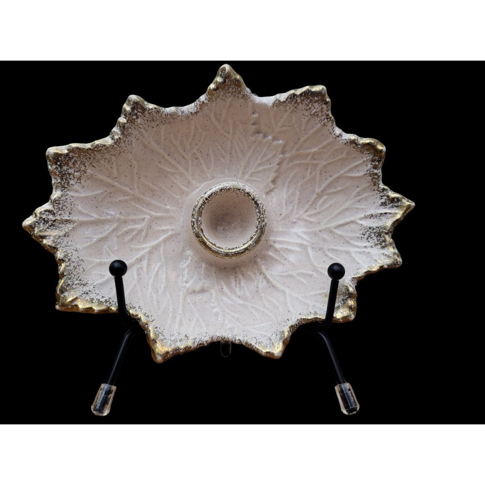 Vintage MCM California Pottery Candle Holder Textured Leaf Pink Gold Trim #117